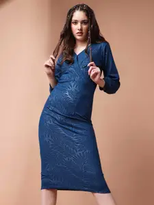 Ziva Fashion Self Design V-Neck Puff Sleeve Gathered Sheath Midi Dress