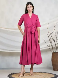 Adveta V-Neck Tie-Ups Cotton Midi A-Line Dress