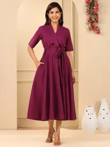 Adveta V-Neck Tie-Ups Cotton Midi A-Line Dress
