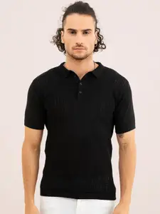 Snitch Black Self Design Polo Collar Slim Fit T-shirt