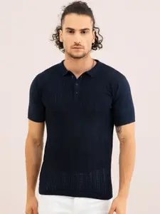 Snitch Navy Blue Self Design Polo Collar Cotton Slim Fit T-Shirt