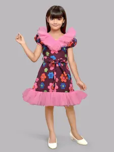 Pink Chick Girls Floral Printed Puff Sleeves Ruffled A-Line Dress With Belt