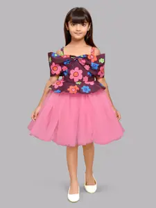 Pink Chick Girls Floral Printed Cold Shoulder Sleeves Bow Detail Fit & Flare Dress