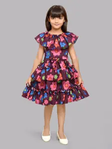 Pink Chick Girls Floral Printed Tiered Detailed Cape Sleeves Fit & Flare Dress