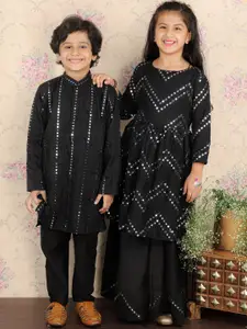 VASTRAMAY Boys Embroidered Band Collar Mirror Work Kurta With Pyjamas