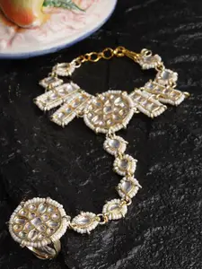 Sanjog Women Gold Plated Stone-Studded & Beaded Ring Bracelet