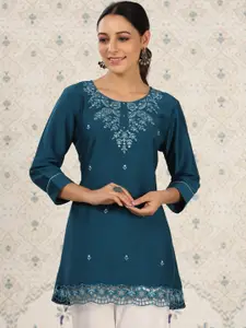 Ode by House of Pataudi Teal Blue Ethnic Motifs Embroidered Kurta