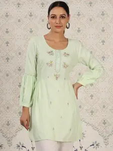 Ode by House of Pataudi Green Ethnic Motifs Embroidered A-Line Kurta