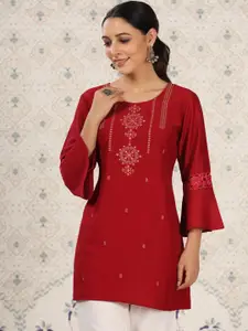 Ode by House of Pataudi Red Ethnic Motifs Embroidered Bell Sleeves Kurta