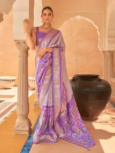 Mitera Lavender & Gold-Toned Striped Beads And Stones Patola Saree