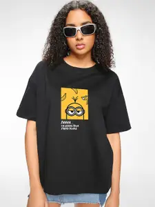 Bewakoof Black Minions Graphic Printed Round Neck Drop-Shoulder Cotton Oversized T-shirt