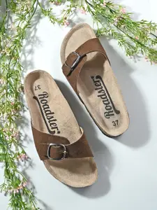 The Roadster Lifestyle Co. Brown Leather Open Toe Flats With Buckles