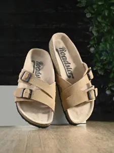 The Roadster Lifestyle Co. Beige Buckled Leather Open Toe Flats