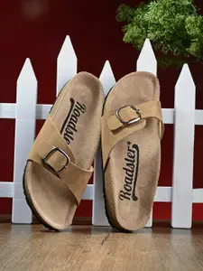 The Roadster Lifestyle Co. Camel Brown Leather Open Toe Flats With Buckles