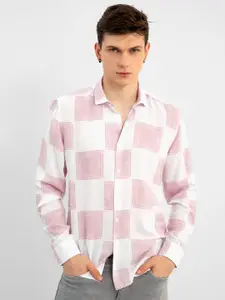 Snitch Pink Checks Checked Spread Collar Classic Slim Fit Casual Shirt