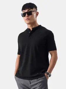 The Souled Store Black Henley Neck Pure Cotton T-shirt