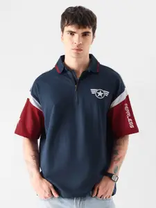 The Souled Store Navy Blue Captain America Printed Polo Collar Pure Cotton T-shirt