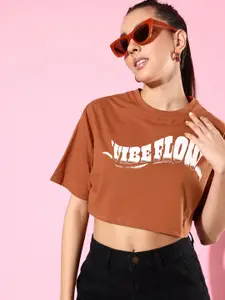 The Roadster Life Co. Typography Printed Drop-Shoulder Sleeves Crop T-shirt
