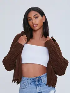 FOREVER 21 Brown Ribbed Hooded Front-Open Sweater
