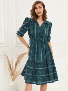 Antheaa Teal & White Ethnic Motifs Printed Shirt Collar Cotton Fit & Flare Dress