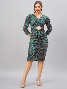 Antheaa Teal & Brown Abstract Printed Gathered Sheath Dress