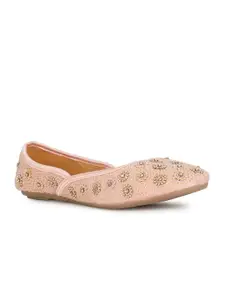 Bata Peach Coloured Ethnic Fabric Embellished Mojaris
