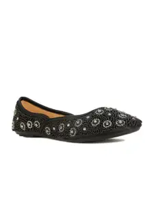 Bata Black Ethnic Fabric Embellished Mojaris