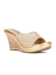 Bata Gold-Toned Embellished Wedge Heels