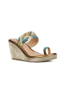 Bata Gold-Toned & Blue Embellished Wedge Heels