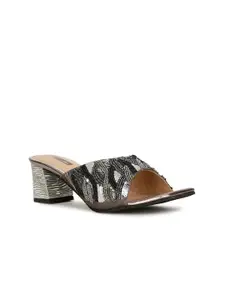 Bata Metallic Grey & Black Embellished Block Heels