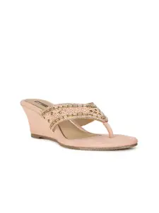 Bata Pink & Gold-Toned Embellished Wedge Heels