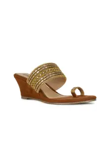 Bata Brown & Gold-Toned Embellished Wedge Heels