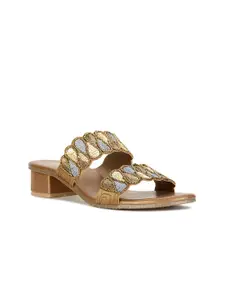 Bata Brown & Gold-Toned Embellished Block Heels