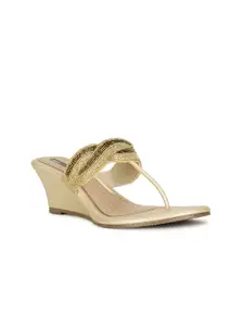 Bata Beige & Gold-Toned Embellished Wedge Heels