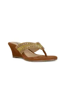 Bata Brown & Gold-Toned Embellished Wedge Heels