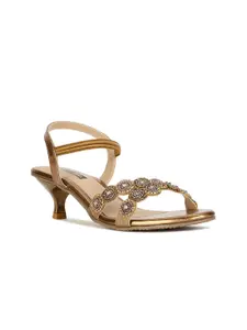 Bata Brown Ethnic Embellished Kitten Heels With Backstrap