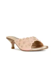 Bata Peach Coloured Ethnic Embellished Kitten Heels