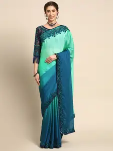 all about you Sea Green & Blue Ombre Sequinned Detail Pure Silk Saree