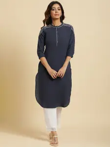 W Floral Embroidered Mandarin Collar Cotton Regular Kurta