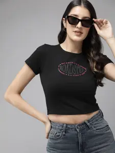 Roadster Typography Printed Bio Finish Slim Fit Crop T-shirt