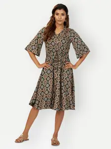 DRESOUL Ethnic Motifs Printed Flared Sleeve Gathered Detailed Fit & Flare Dress
