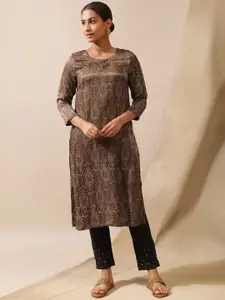W Brown Ethnic Motifs Printed Round Neck Mirror Work Kurta