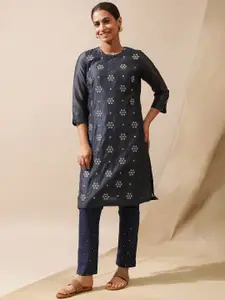 W Blue Floral Embroidered Round Neck Thread Work Kurta