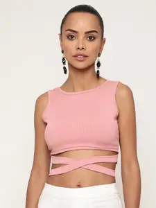BAESD Round Neck Waist Tie Ups Ribbed Fitted Crop Top