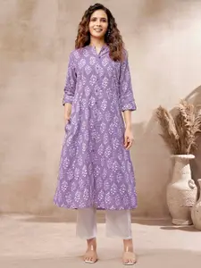 DRESOUL Floral Printed Kantha Work Detailed Pure Cotton A-Line Kurta