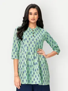 DRESOUL Floral Print Mandarin Collar Pure Cotton Kurti