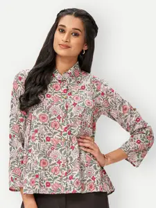 DRESOUL Floral Print Mandarin Collar Pure Cotton Kurti