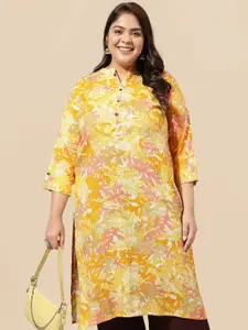 MIRCHI FASHION Plus Size Yellow Floral Printed Mandarin Collar Straight Kurta