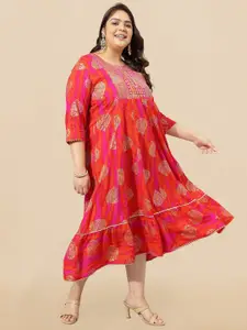 MIRCHI FASHION Plus Size Pink Ethnic Motifs Printed Embellished Empire Ethnic Dress