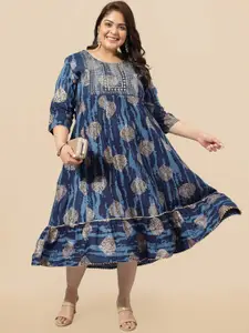 MIRCHI FASHION Plus Size Blue Ethnic Motifs Printed Embellished Cotton Empire Ethnic Dress
